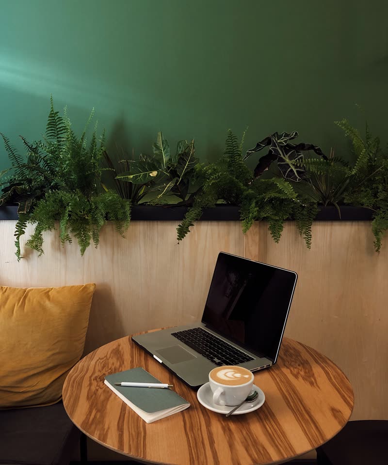 Escritorio con una computadora, un cuaderno y una taza de café junto a plantas