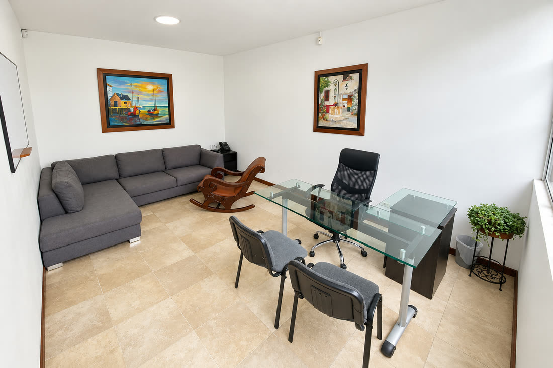 Consultorio de PsicoNutre: sala con sofá, escritorio y sillas para la consulta