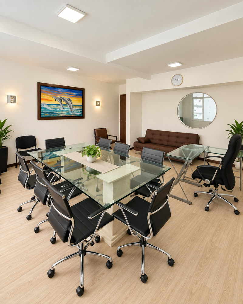 Sala de reuniones del consultorio, con mesa amplia y espacio para trabajo grupal
