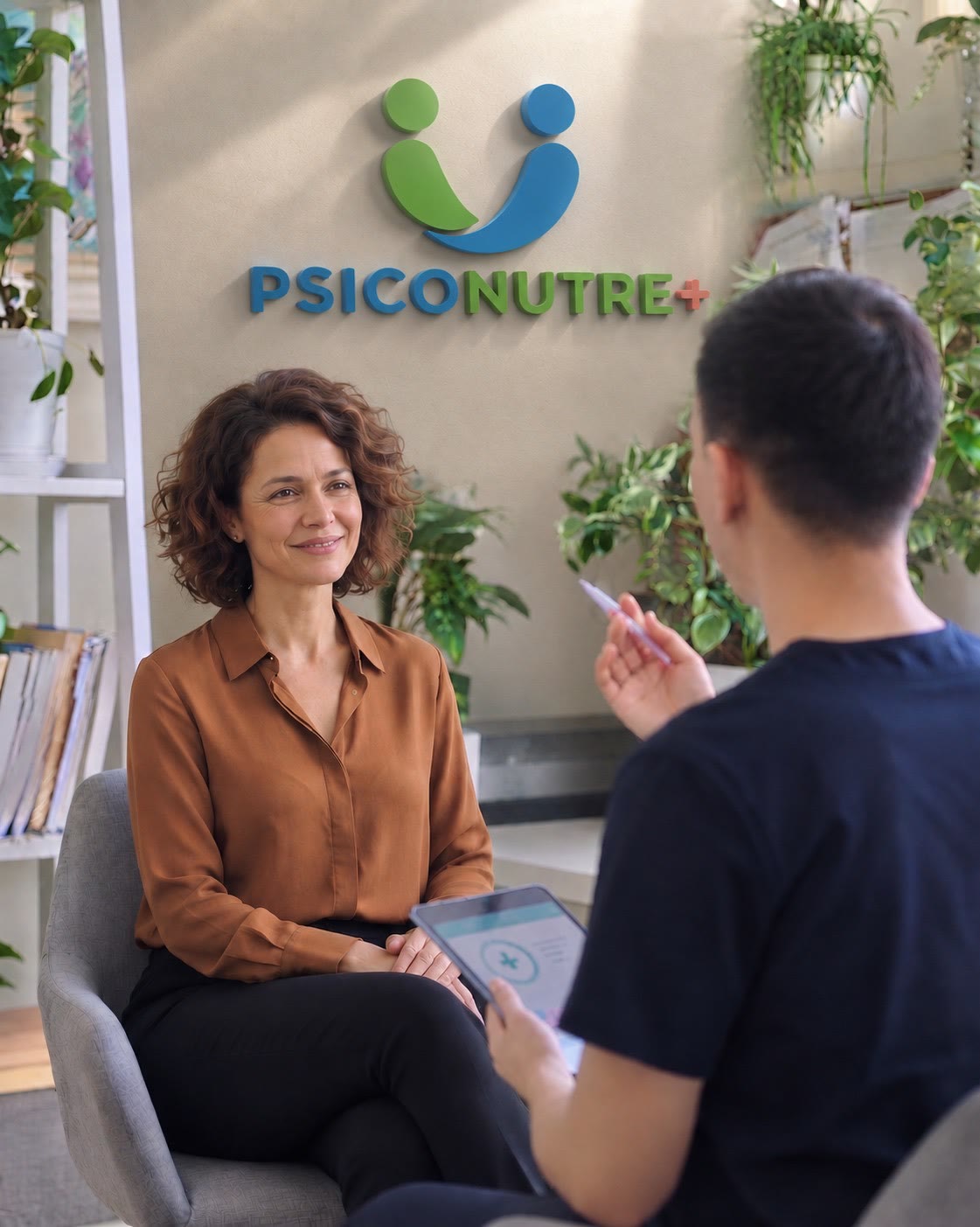 Dos personas conversando durante una sesión de psicología, con el logo de PsicoNutre al fondo